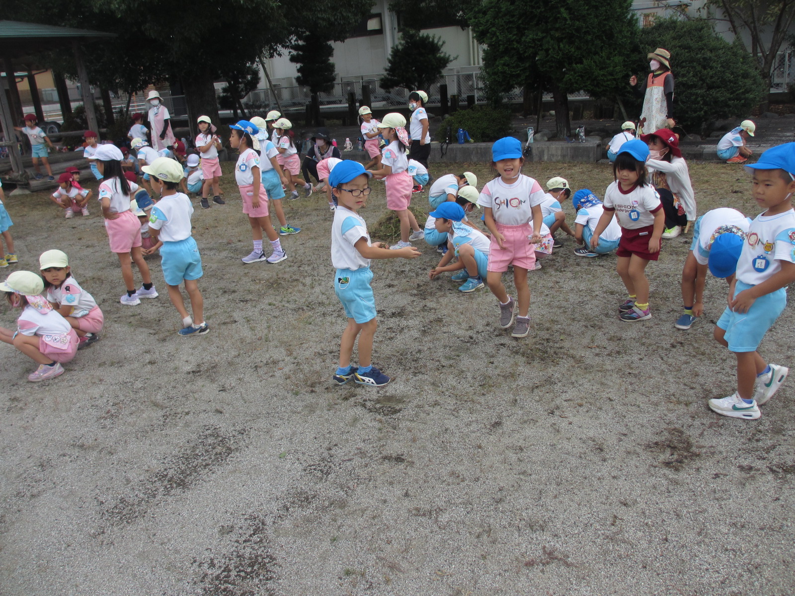 夏休み職員作業で頑張りましたが、まだ草が残っていました。年長さんが練習の後、頑張って抜いてくれました。ありがとう！
とってもきれいな運動場になりました。